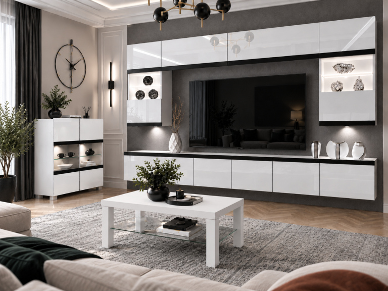 Meblościanka Prestige 300 cm TV/RTV biała połysk Producent IMP P2 Nolan 1/5/W/W/0/0/CM