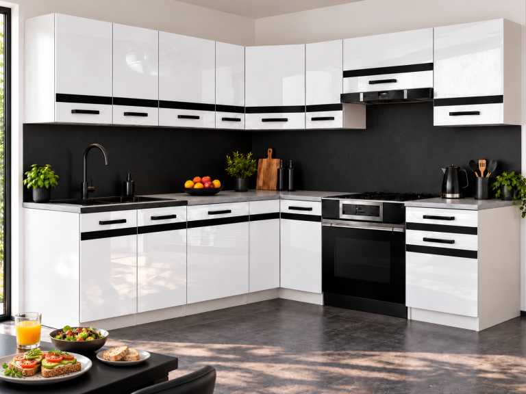 Meble kuchenne Prestige 420 cm biały połysk bez blatu Producent INF P Gustav/0/WT/W/BB/A1/CM