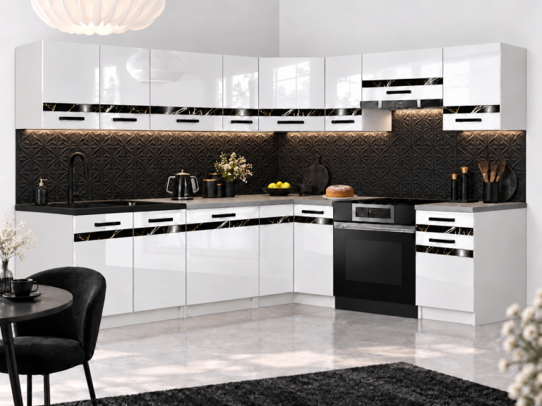 Meble kuchenne Prestige 420 cm biały połysk bez blatu Producent INF P Gustav/0/WT/W/BB/A1/CS