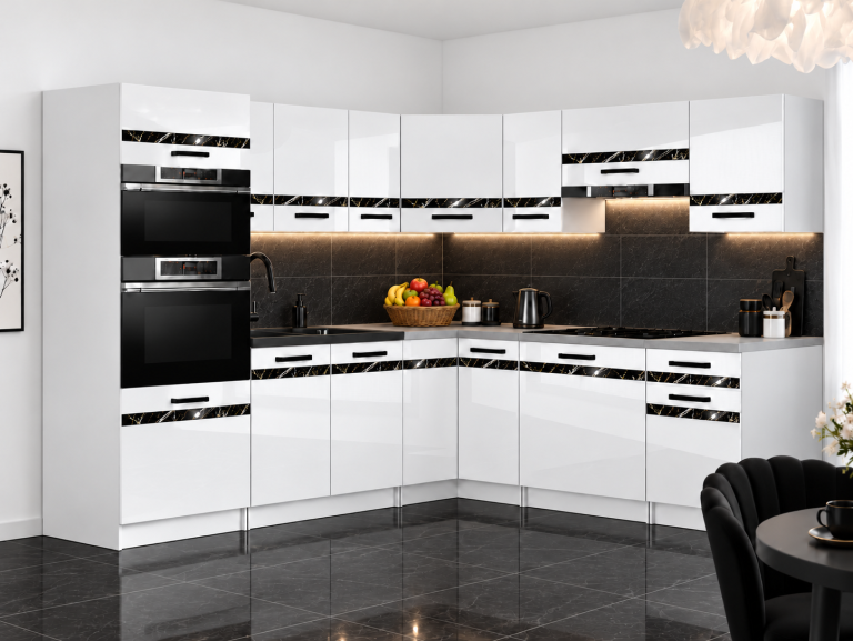Meble kuchenne Prestige 420 cm biały połysk bez blatu Producent INF P Diego/0/WT/W/BB/A1/CS