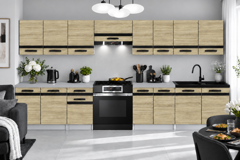 Meble kuchenne Prestige 320 cm dąb sonoma bez blatu Producent TOR P Vincent/0/WT/DS/BB/A1/CM