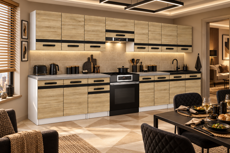 Meble kuchenne Prestige 320 cm dąb sonoma bez blatu Producent TOR P Vincent/0/WT/DS/BB/A1/CM