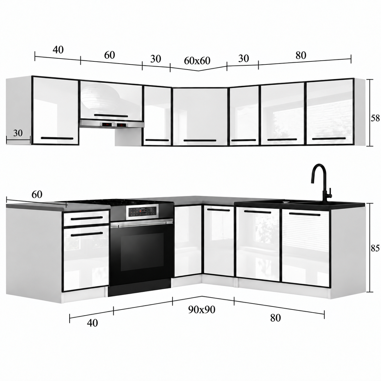 Meble kuchenne Linea 360 cm biały połysk z blatem Producent INF L Pablo/0/WT/W/0/A1