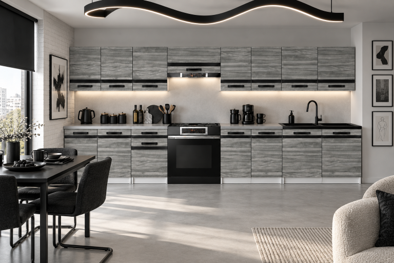 Meble kuchenne Prestige 320 cm glamour wood bez blatu Producent TOR P Vincent/0/WT/GW1/BB/A1/CM