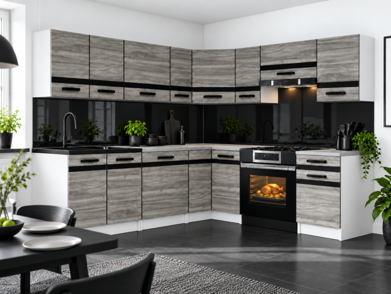 Meble kuchenne Prestige 420 cm gamour wood bez blatu Producent TOR P Gustav/0/WT/GW1/BB/A1/CM