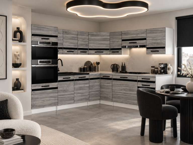 Meble kuchenne Prestige 420 cm glamour wood bez blatu Producent TOR P Diego/0/WT/GW1/BB/A1/CM
