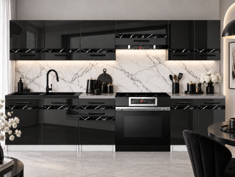 Meble kuchenne Prestige 240 cm czarny połysk bez blatu Producent INF P Salvador/0/WT/B/BB/A1/CS