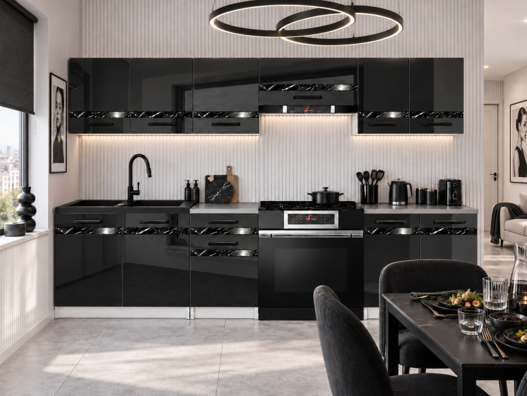 Meble kuchenne Prestige 240 cm czarny połysk bez blatu Producent INF P Salvador/0/WT/B/BB/A1/CS