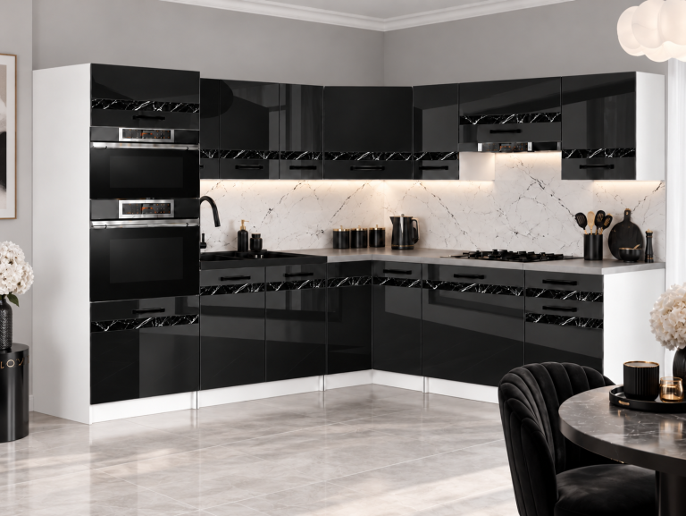 Meble kuchenne Prestige 420 cm czarny połysk bez blatu Producent INF P Diego/0/WT/B/BB/A1/CS