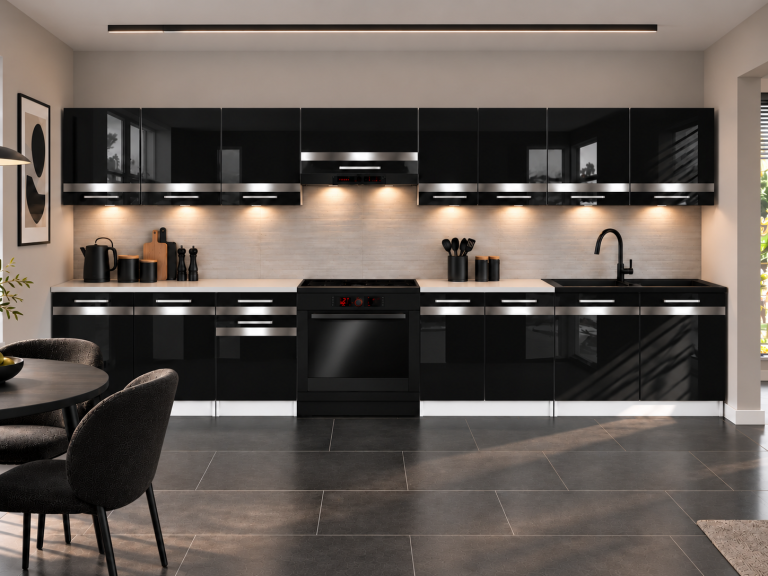Meble kuchenne Prestige 320 cm czarny połysk bez blatu Producent INF P Vincent/0/WT/B/BB/C1/SL