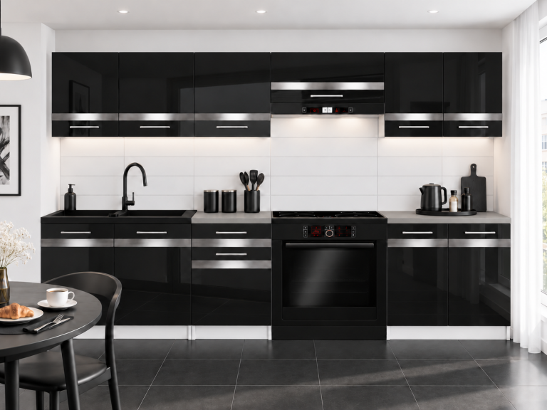 Meble kuchenne Prestige 240 cm czarny połysk bez blatu Producent INF P Salvador/0/WT/B/BB/C1/SL
