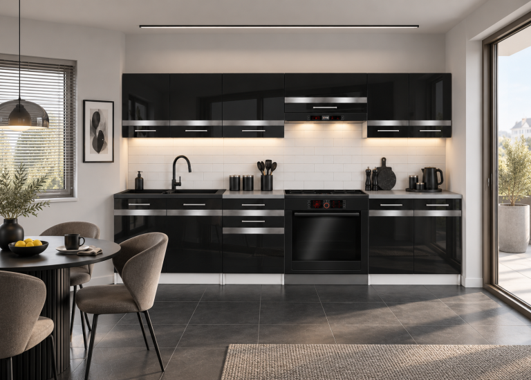 Meble kuchenne Prestige 240 cm czarny połysk bez blatu Producent INF P Salvador/0/WT/B/BB/C1/SL