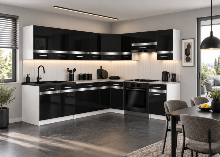 Meble kuchenne Prestige 420 cm czarny połysk bez blatu Producent INF P Gustav/0/WT/B/BB/C1/SL