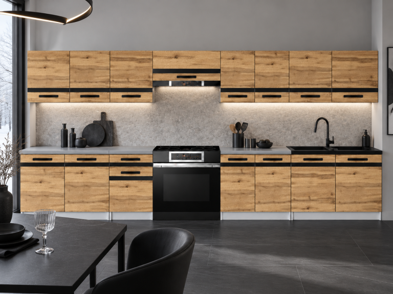 Meble kuchenne Prestige 320 cm dąb wotan bez blatu Producent TOR P Vincent/0/WT/DW/BB/A1/CM