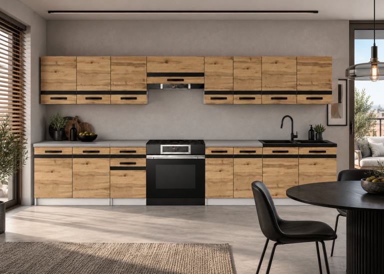 Meble kuchenne Prestige 320 cm dąb wotan bez blatu Producent TOR P Vincent/0/WT/DW/BB/A1/CM